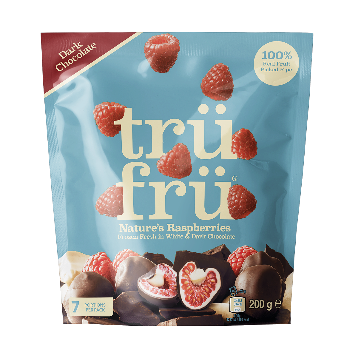 Trü Frü Himbeeren hyper-chilled in weißer und dunkler Schokolade
