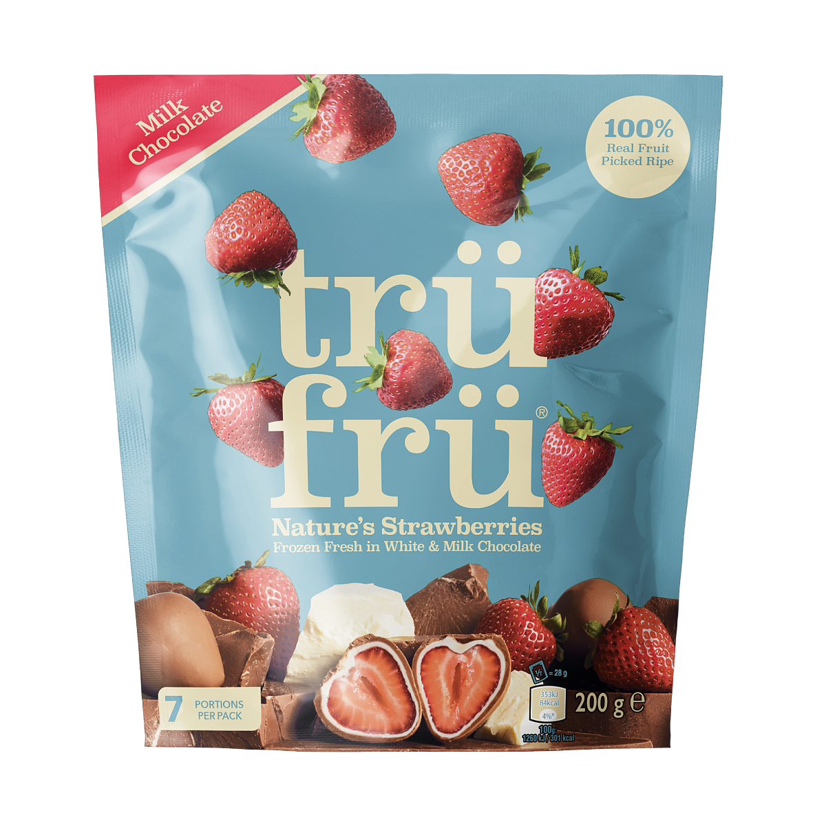 Trü Frü Erdbeeren hyper-chilled in weißer und Vollmilchschokolade